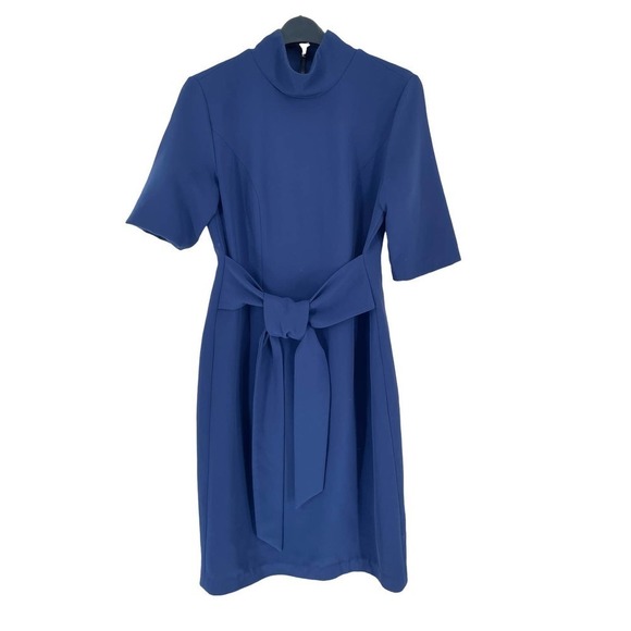 𝅺toccin (NY) BLUE MOCK NECK  DRESS WITH 1/2 SLEEVES, BELT TIE - Picture 1 of 10